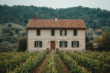 A common exterior design of a residence in a vineyard-covered hillside area.