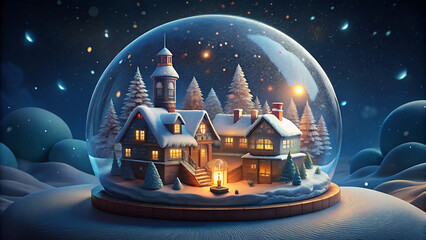 Whimsical snow globe illustration with tiny festive lights vector illustration on white background  
