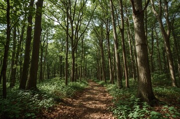 Fototapeta premium A path winding through thick woodland beneath towering trees