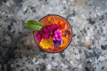 Overhead perspective of a colorful fruit beverage adorned with assorted edible blossoms, forming a lively and creative arrangement.