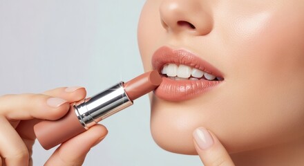 A woman's hand applies a nude-toned lipstick to her full, defined lips, showcasing a beauty and makeup application ritual.