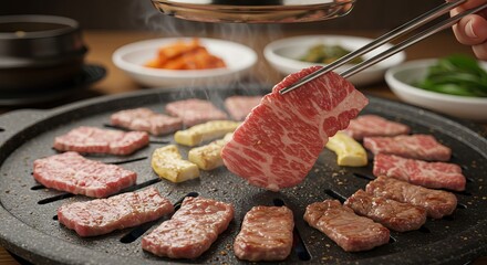 A closeup of Korean BBQ with slices of raw and cooked meat on a grill held by chopsticks with side dishes in background