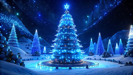 Winter night scene with glowing christmas tree made of lights vector illustration on white background  