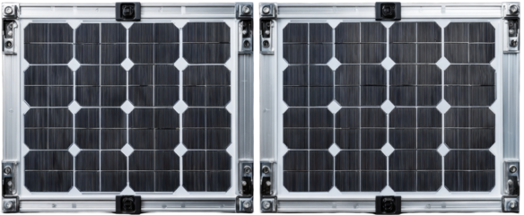 Two identical solar panels, gridded with dark cells, mounted on a light gray frame