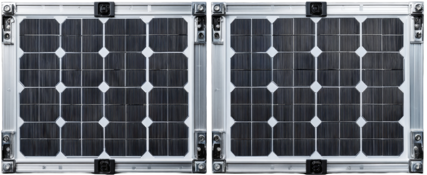 Two identical solar panels, gridded with dark cells, mounted on a light gray frame