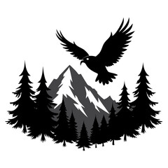 Flying Eagle over Mountain Forest Silhouette Vector