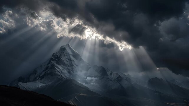 Dramatic sunlight breaking through clouds over majestic mountains scenic nature landscape outdoor photography