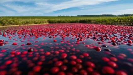 A beautiful scene of cranberries being harvested in water