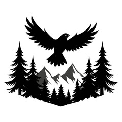 Obraz premium Flying Eagle over Mountain Forest Silhouette Vector