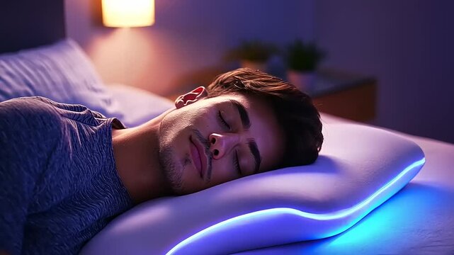 Young man peacefully sleeping on a glowing pillow