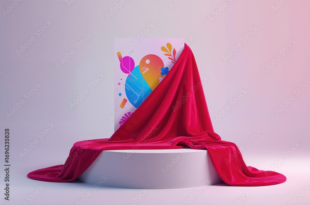 Poster a studio stand draped in soft red cloth with a white background and a web banner or template display