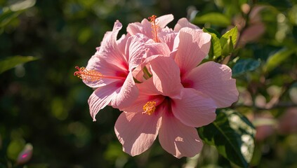 A beautiful close-up shot featuring several gentle pink hibiscus flowers with broad, tender petals