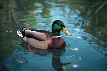 Obraz premium A beautiful female Mallard Duck (Anas platyrhynchos) gliding across a tranquil lake.