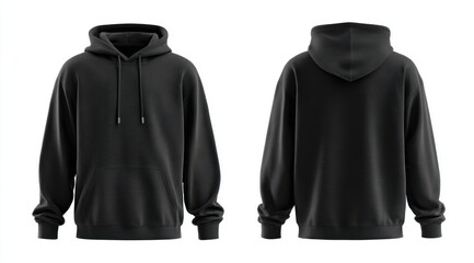 Black hooded sweatshirt, front and back views, isolated on white. Neutral, unbranded, minimal. Soft fabric texture visible