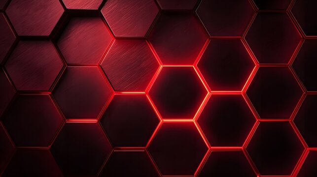 Dark Red Hexagonal Grid with Glowing Neon Red Edges honeycomb geometric