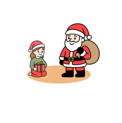 Santa Claus Giving Christmas Gift to Little Girl Sitting and Waiting in Cartoon Vector