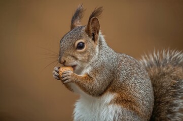Obraz premium A close-up side profile of a squirrel chewing on a nut against a brown backdrop.