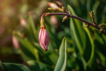 A delicate pink blossom dangles gently amidst vibrant green leaves, capturing the spirit of spring's freshness and charm.