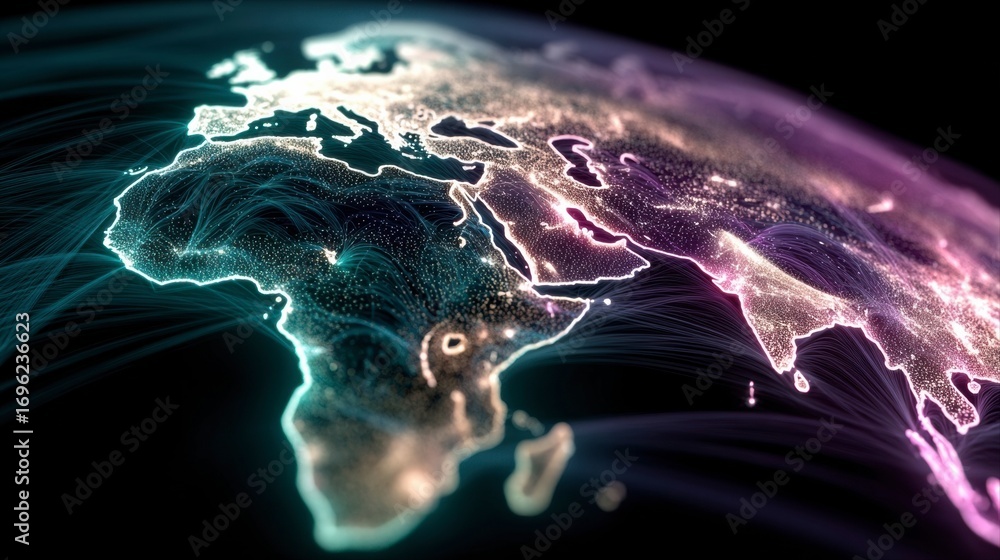 Poster global connections: a dynamic visualization of the world map, with interconnected lines weaving acro