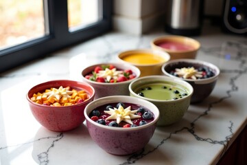 Displaying a collection of vibrant smoothie bowls arranged in a rainbow sequence on a sleek marble surface, highlighted by the soft glow of sunlight filtering in from a nearby window.