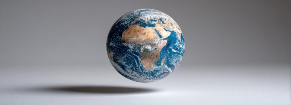 A floating globe of Earth with continents, oceans, clouds, and shadows against a gray gradient background