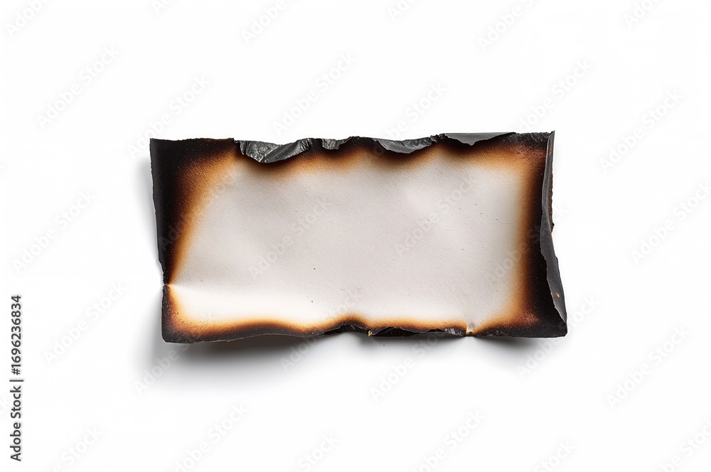 Poster a tiny fragment of a shiny magazine page set ablaze, isolated on a white background in a macro studi