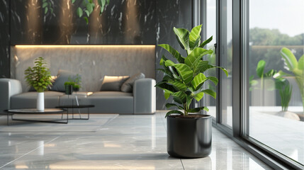 Lush Zamioculcas (money tree) in a black pot, in a modern luxurious Korean living room with warm lighting