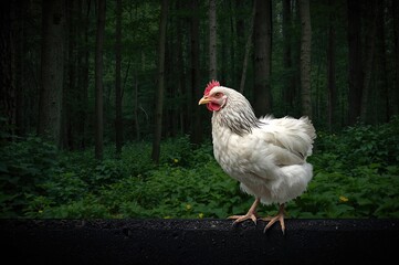 Fototapeta premium A tiny chicken perched on a fence appearing unusual