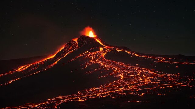 Erupting volcano with flowing lava under starry sky