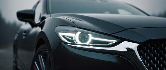 Sleek, dark vehicle shown closely with an illuminated headlight, set against a blurry natural backdrop under an overcast sky