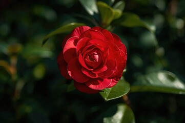 A solitary crimson camellia bloom with shiny, vivid petals contrasting a rich green backdrop.