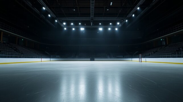 Ice hockey game preparation indoor sports arena sports event empty ice rink wide angle view anticipation of competition