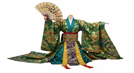 きらびやか黄金緑の十二単衣 優雅に広がる絹 美しい光沢. AI Generated