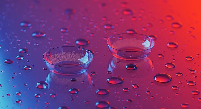 Two contact lenses lie on a reflective surface dotted with water droplets, illuminated by a vibrant red and blue gradient light.
