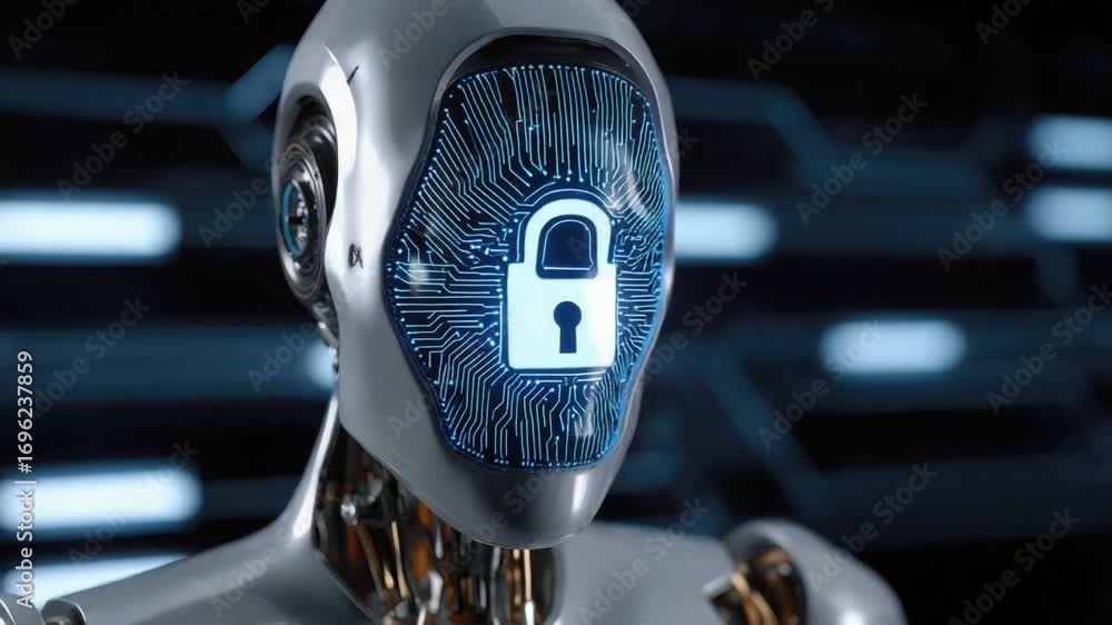 Poster futuristic robot with a digital lock symbol, representing advanced security measures. the metallic d