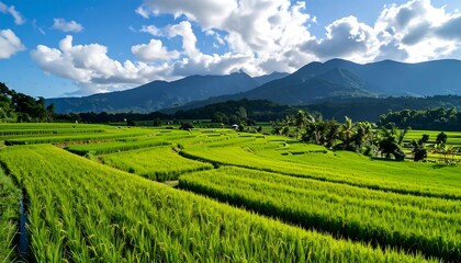 Naklejka premium A vast expanse of verdant rice paddies stretches across a valley, nestled beneath a backdrop of towering mountains and a vibrant blue sky filled with fluffy clouds.
