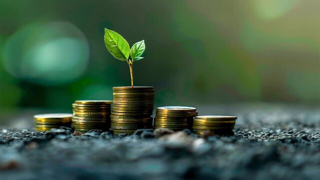 Crecimiento financiero sostenible: planta verde brotando sobre monedas de oro