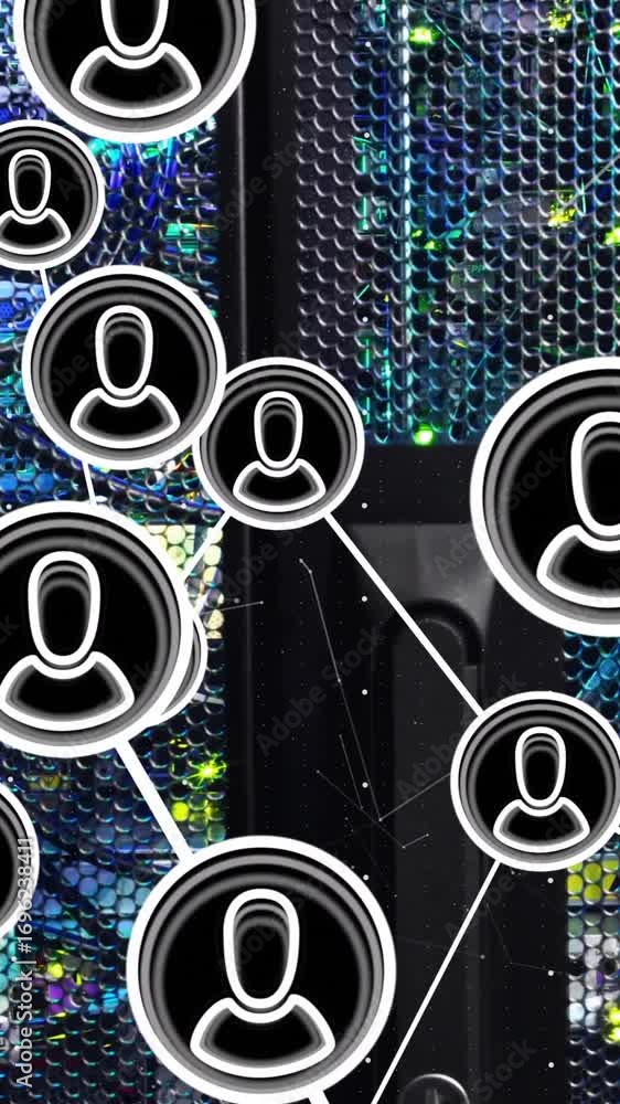 Poster animation of netwrok of connections with people icons and data processing over computer servers