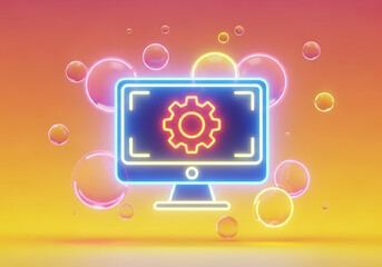 Glowing neon computer monitor displaying a cogwheel icon with a vibrant orange and yellow gradient background and floating bubbles