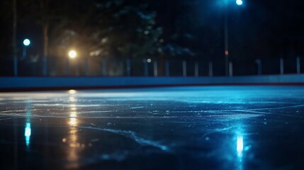 Ice hockey action outdoor rink sports event nighttime low angle shot ice surface highlighting excitement and energy