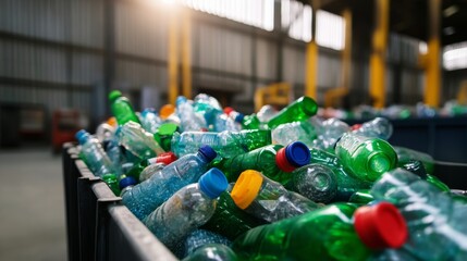 Recycling initiative plastic bottle collection industrial facility environmental awareness urban setting close-up perspective sustainability concept