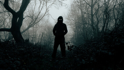 A threatening supernatural figure with glowing eyes, Silhouetted on a spooky foggy winters day in a...