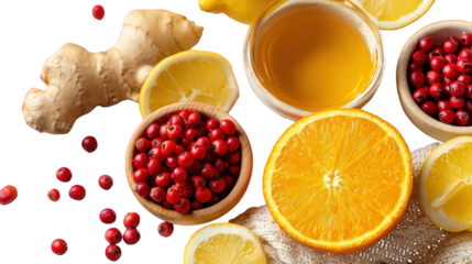 Vibrant Citrus Fruits Honey Ginger and Cranberries on Black Background