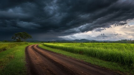 Obraz premium Dramatic storm clouds over a winding dirt road lush green fields nature landscape photography rural environment wide-angle view