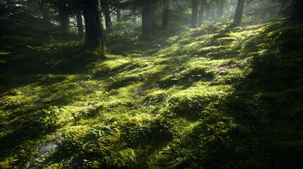 Obraz premium Sunlit forest floor with dappled light and shadows on green mossy ground woods nature