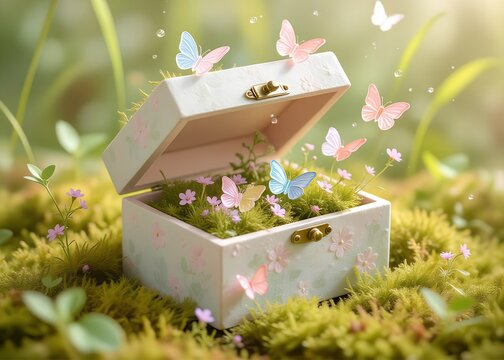Fototapeta pastel-hued box nestled in moss and tiny flowers its surface adorned with fluttering butterflies made of glass and dew