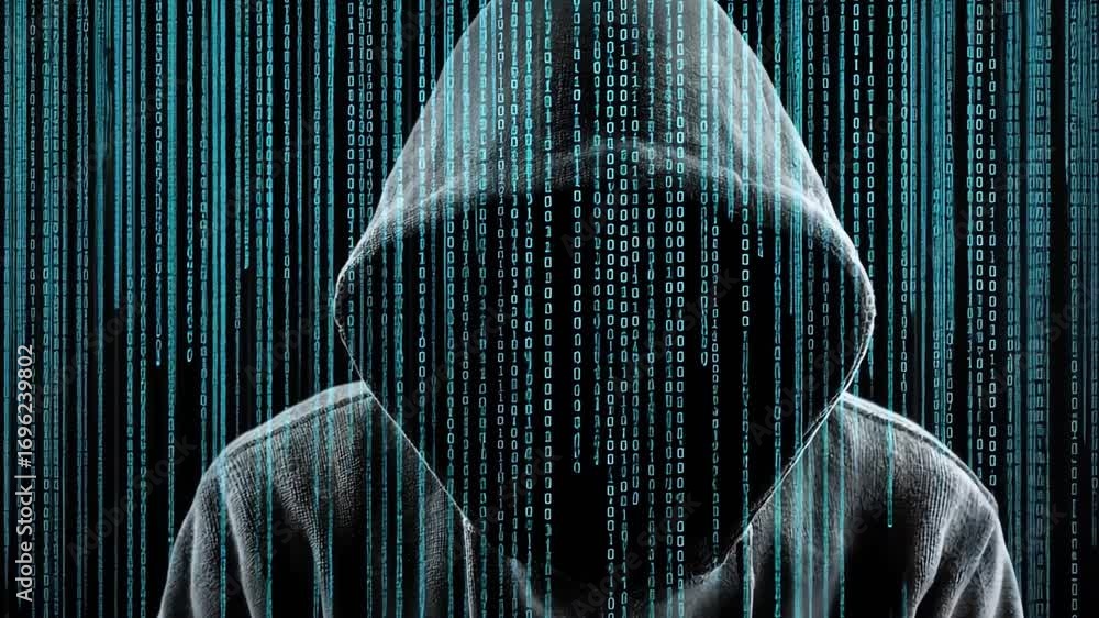 Poster silhouette of a hooded figure against a backdrop of cascading binary code, symbolizing the influence