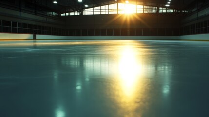 Ice hockey training event at indoor rink captivating reflection of sunset on ice surface energetic atmosphere wide angle view