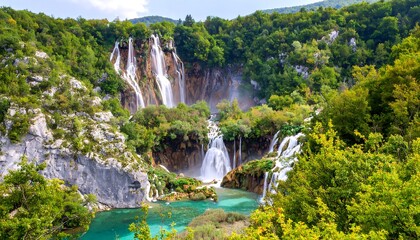 Obraz premium Lush landscape with cascading waterfalls