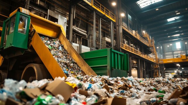 Waste management process recycling facility industrial scene urban environment high angle view sustainability initiative